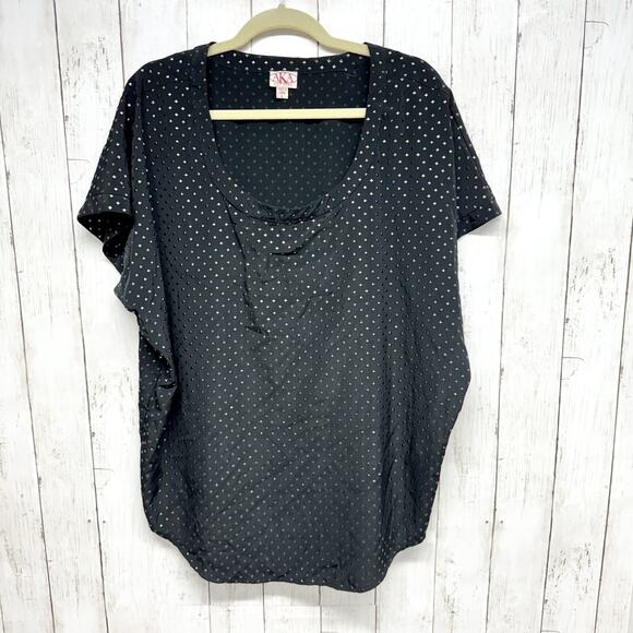 AKA New York Blouse Women Size Large Black Patterned Short Sleeve Boat Neck - Picture 1 of 7